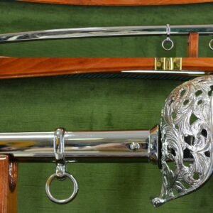 Sciabola per Corazzieri cromata manico in ebano con filo attorcigliato lama semicurva